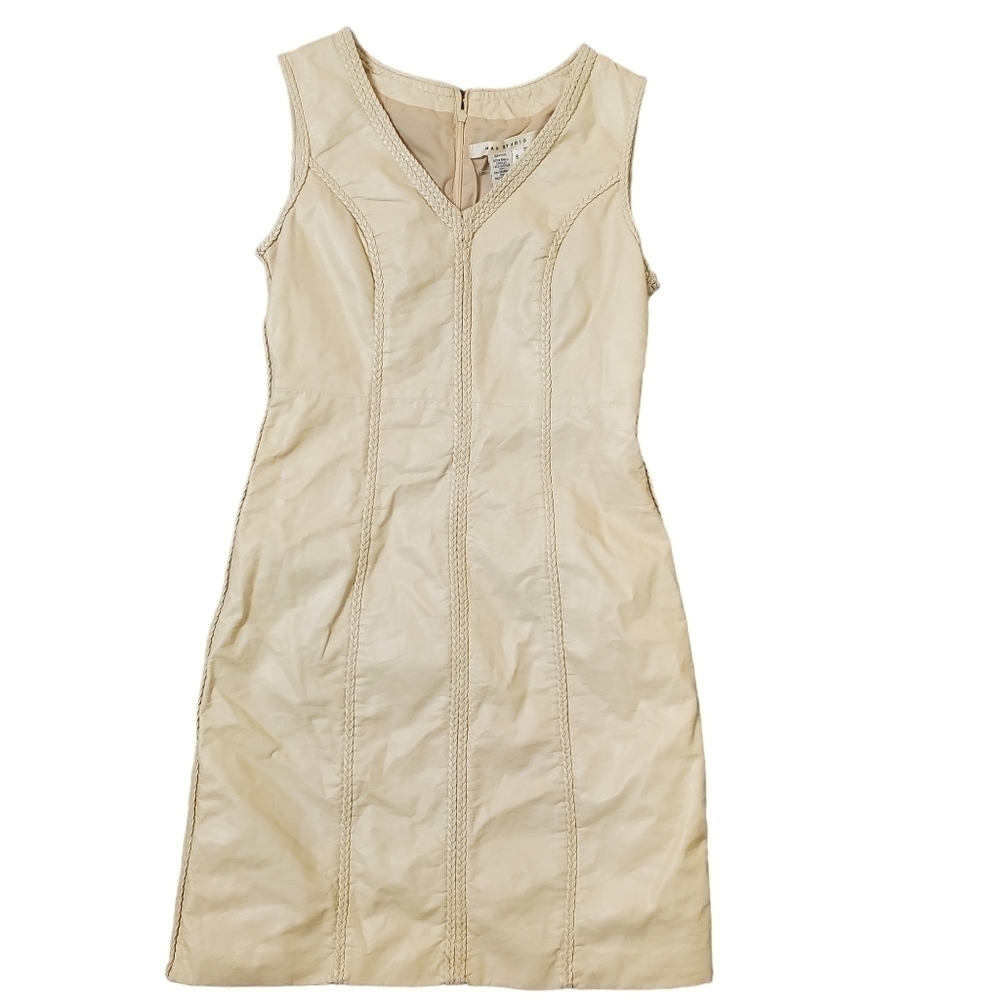 Max Studio Faux Leather Sleeveless Dress Size Small Medium Tan V-Neck